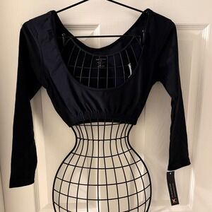 Your Contour Womens Black Long Sleeve Crop Top Scoop Neck Elastic Hem XL NWT